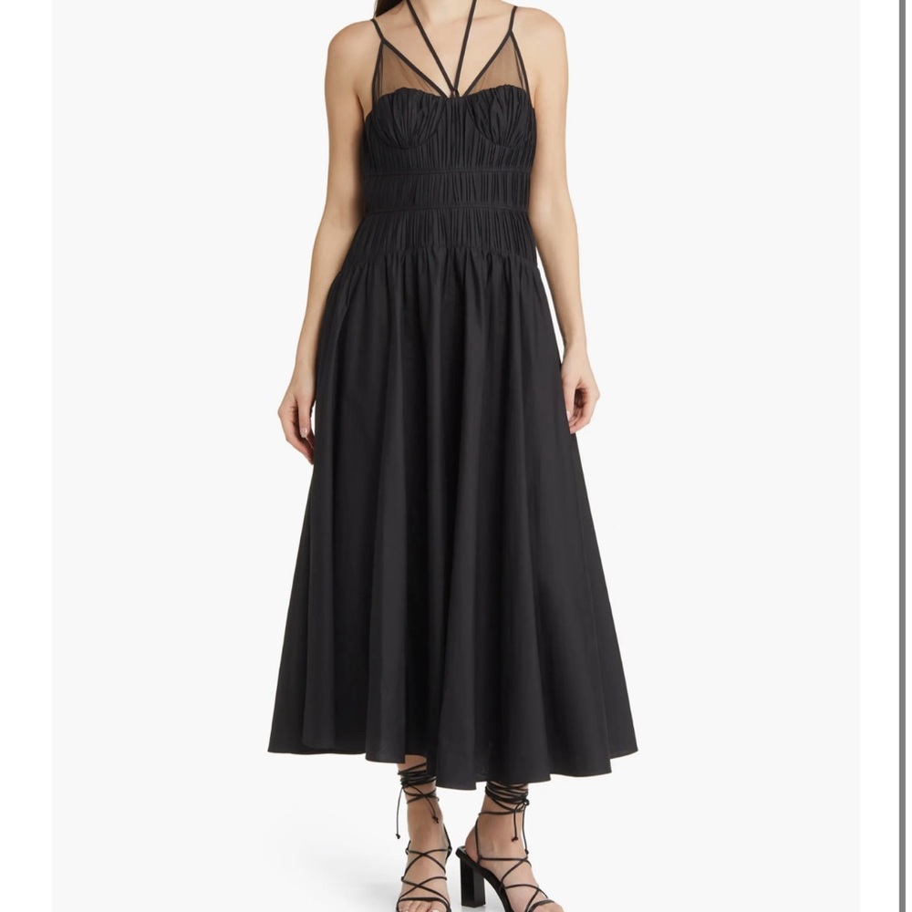 Halter Neck Smocked Bodice Stretch Cotton Midi Dress - NWT